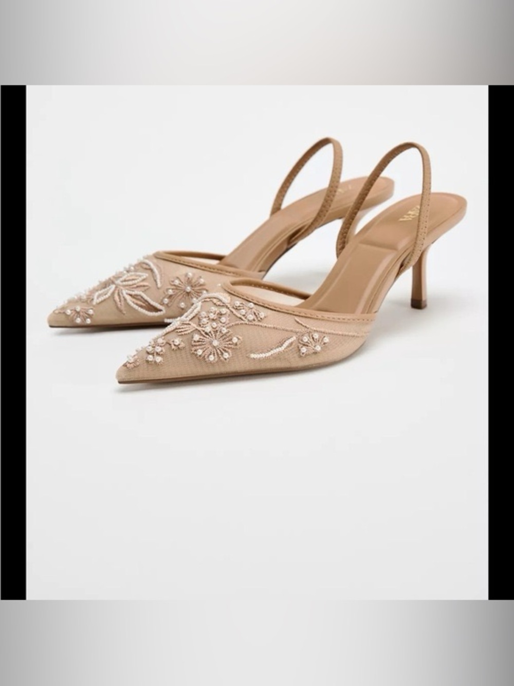 Zara Embroidered Pointed-Toe Slingback Heels in Nude